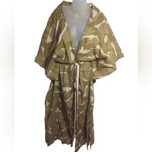 True Destinations Leaf Print Cinched Waist Robe Duster Rope Belt Kimono Size M